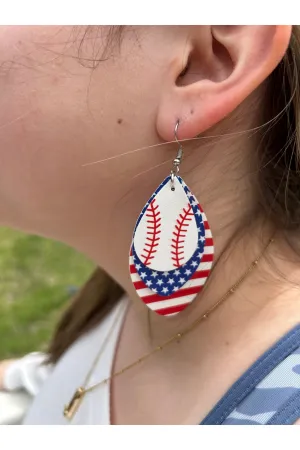 Batter Up Cute Baseball Faux Leather Red White And Blue Tiered Earrings