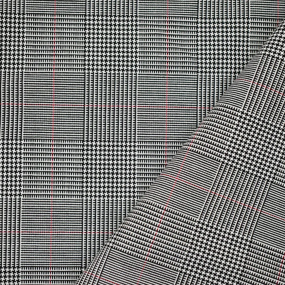 Black-White-Red Polyester Wool Glen Plaid Woven Shirting Fabric