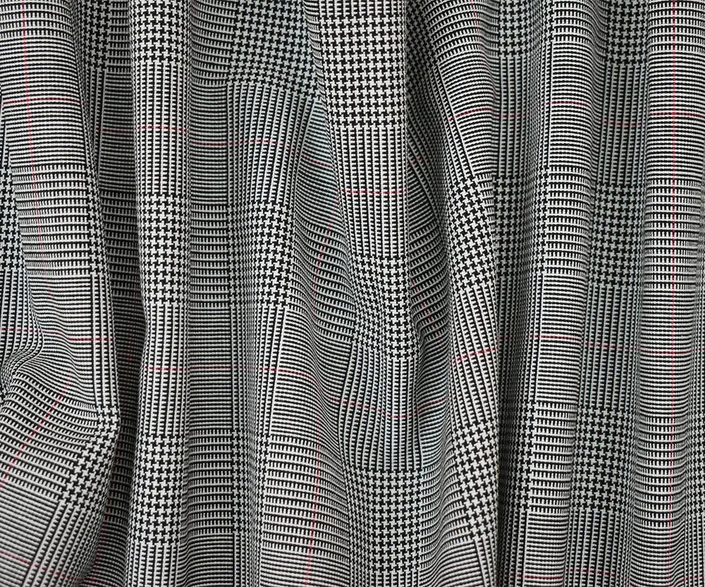 Black-White-Red Polyester Wool Glen Plaid Woven Shirting Fabric