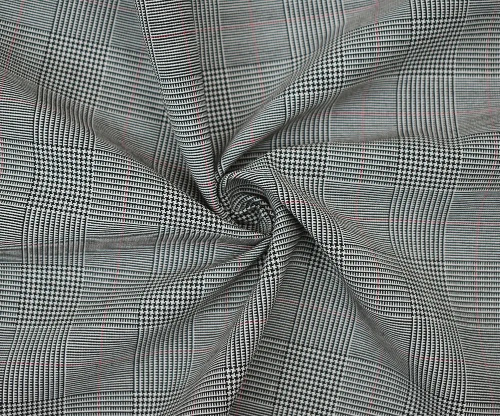 Black-White-Red Polyester Wool Glen Plaid Woven Shirting Fabric