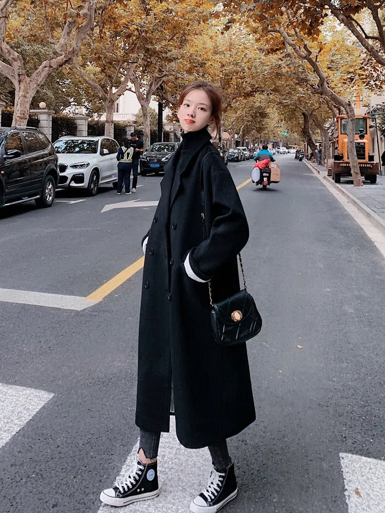 British Style Mid-Length Woolen Black Women's Coat