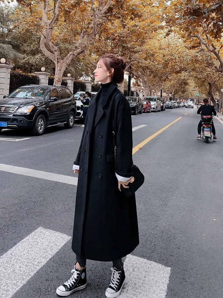 British Style Mid-Length Woolen Black Women's Coat