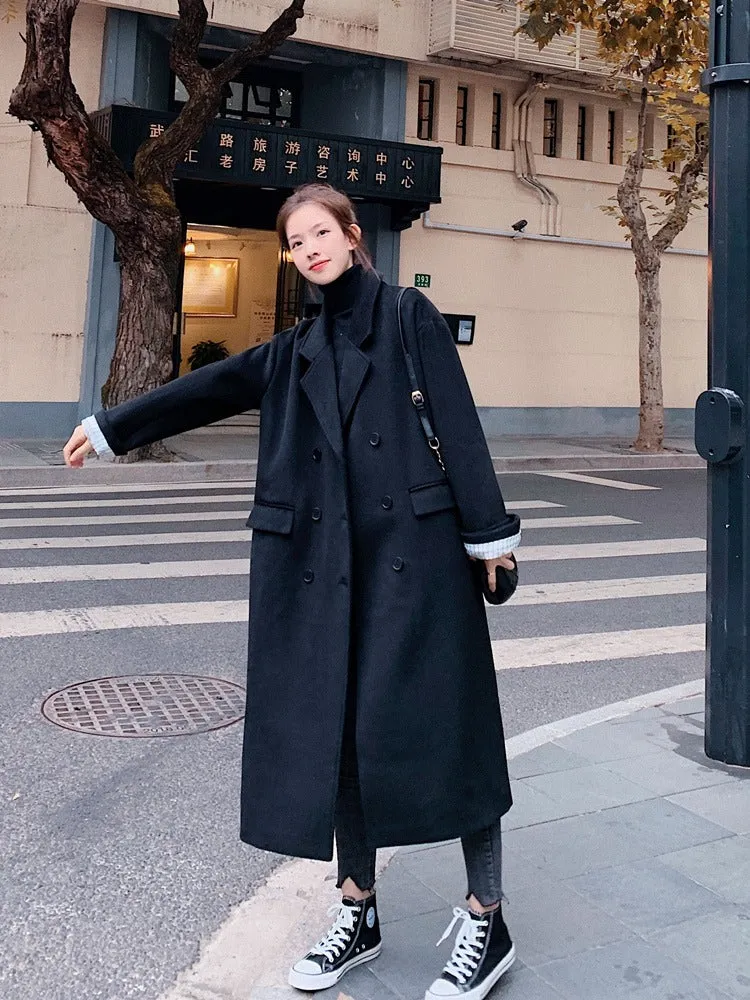 British Style Mid-Length Woolen Black Women's Coat