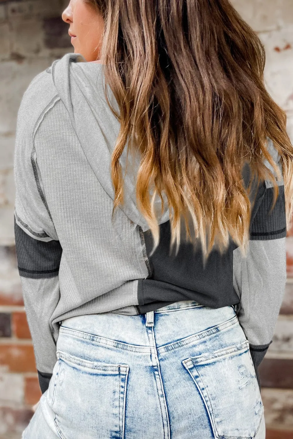 Casual Long Sleeve Henley Top with Color Blocking