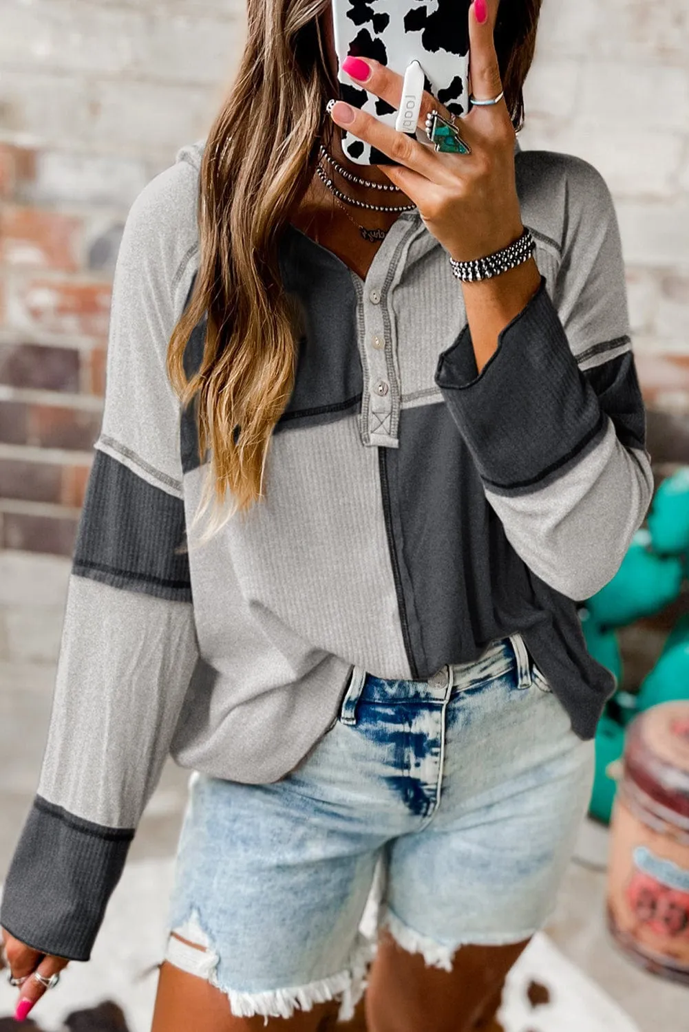 Casual Long Sleeve Henley Top with Color Blocking