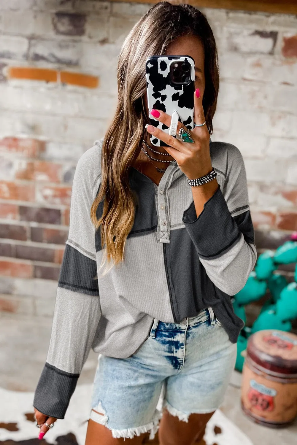 Casual Long Sleeve Henley Top with Color Blocking
