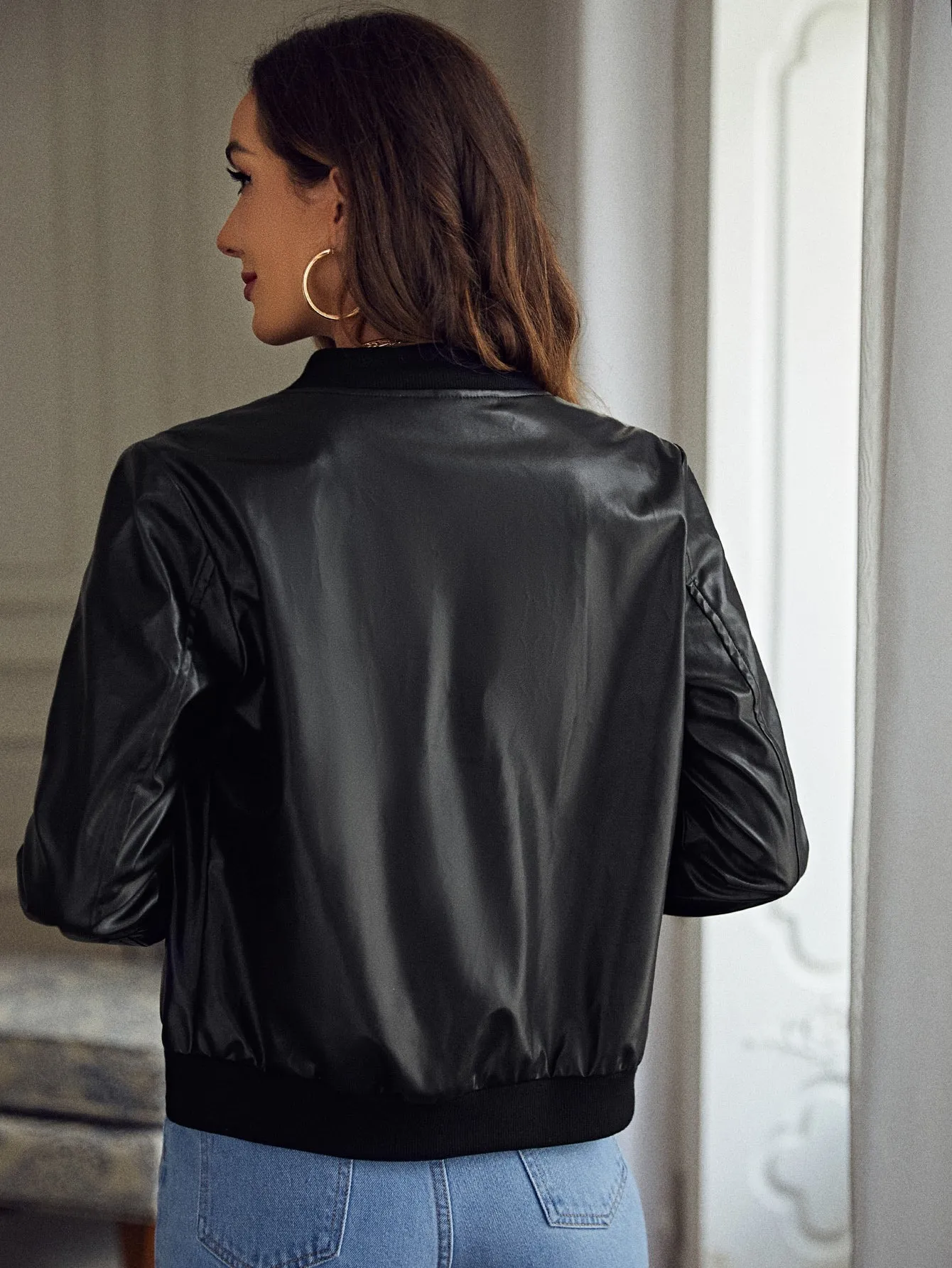 Casual Plain Zipper Long Sleeve Baseball Collar Crop Women Jacket