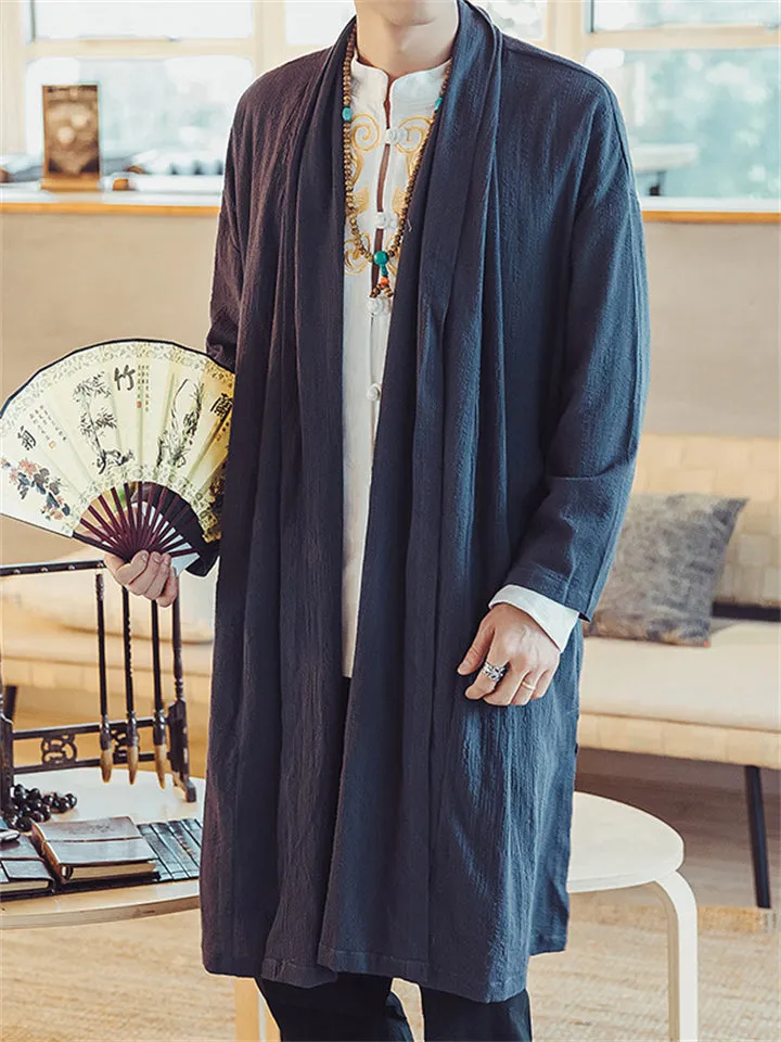 Chinese Style Linen Plus Size Mid Long Jackets For Men