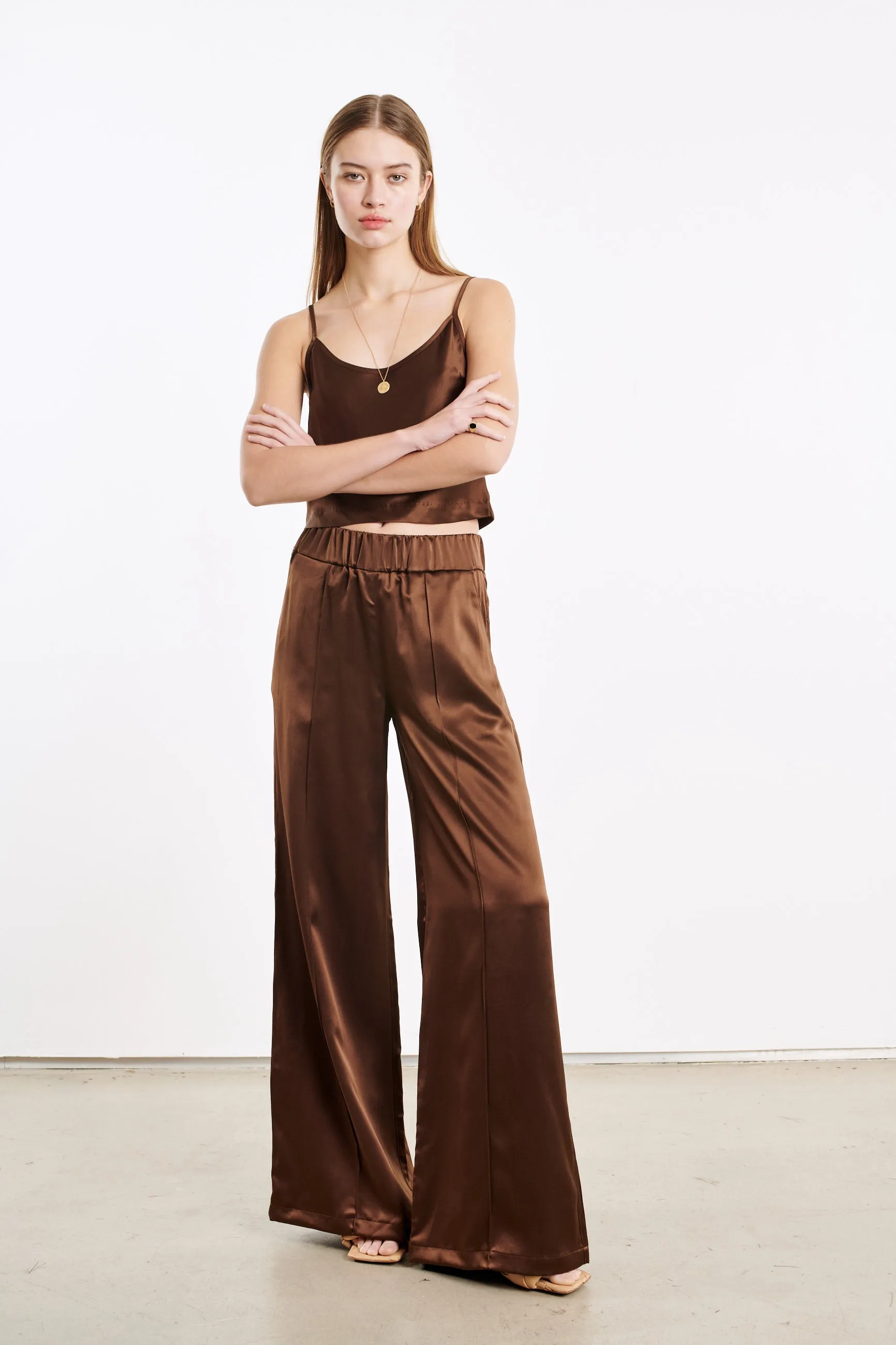 Dark Chocolate Silk Wide Leg Pintuck Pants PR