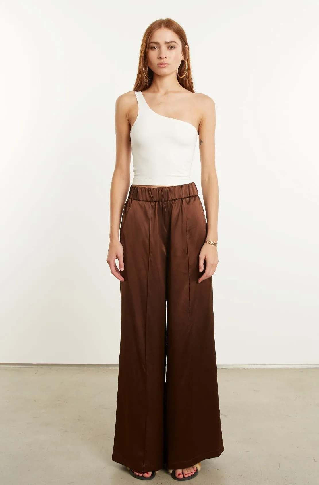 Dark Chocolate Silk Wide Leg Pintuck Pants PR