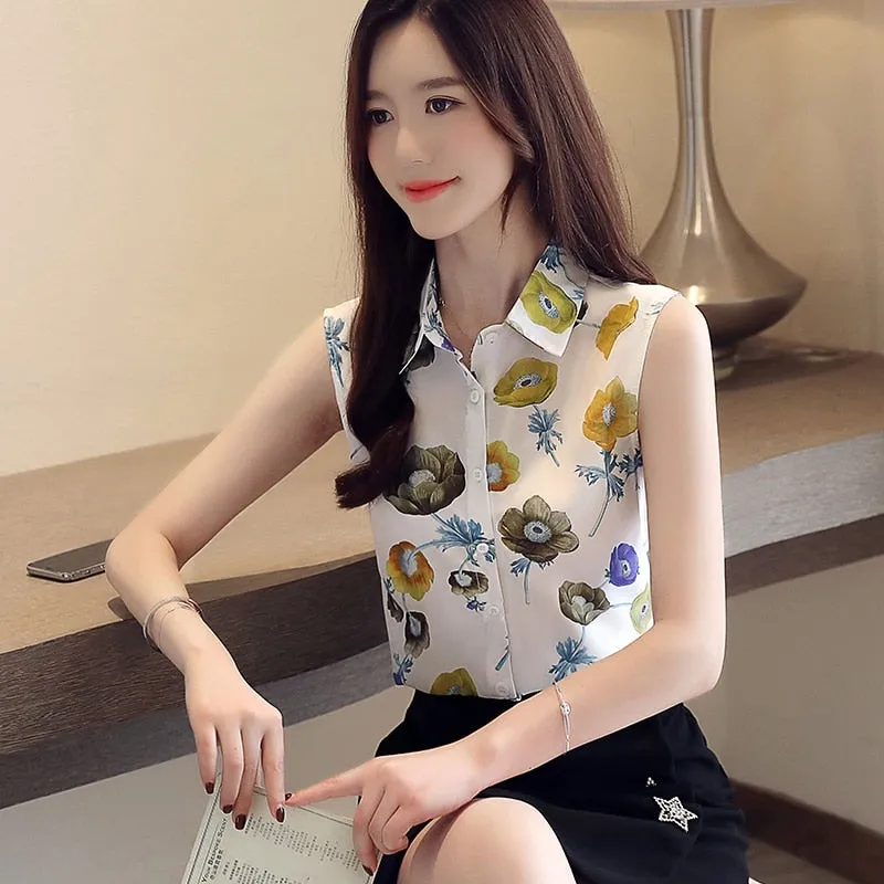 Graduation Gifts  women's summer blouses 2022 sleeveless floral print chiffon clothes shirt office lady womens tops and blouses blusas 4367 50