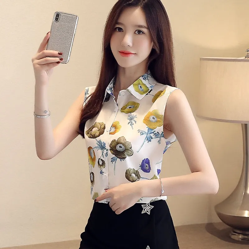 Graduation Gifts  women's summer blouses 2022 sleeveless floral print chiffon clothes shirt office lady womens tops and blouses blusas 4367 50