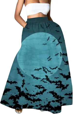 Halloween Tutu Skirt High Waist Party Beach Pocket Long Maxi Skirt Halloween bat Pattern Womens Summer Skirts Tulle