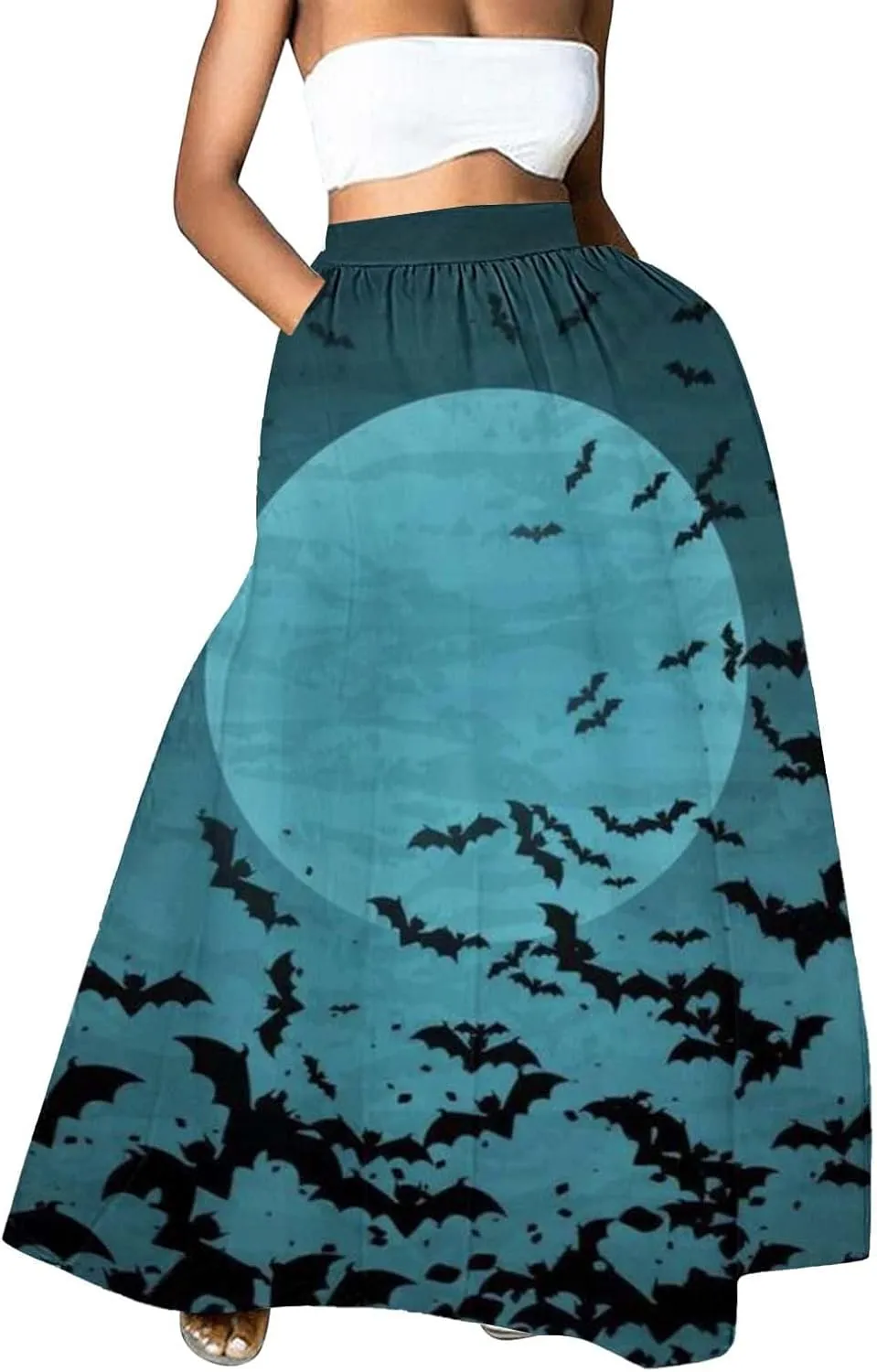 Halloween Tutu Skirt High Waist Party Beach Pocket Long Maxi Skirt Halloween bat Pattern Womens Summer Skirts Tulle