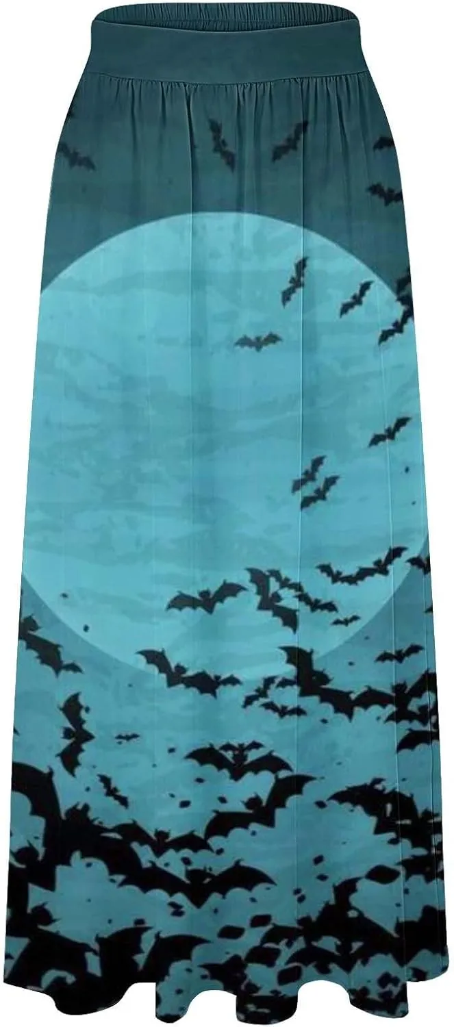 Halloween Tutu Skirt High Waist Party Beach Pocket Long Maxi Skirt Halloween bat Pattern Womens Summer Skirts Tulle