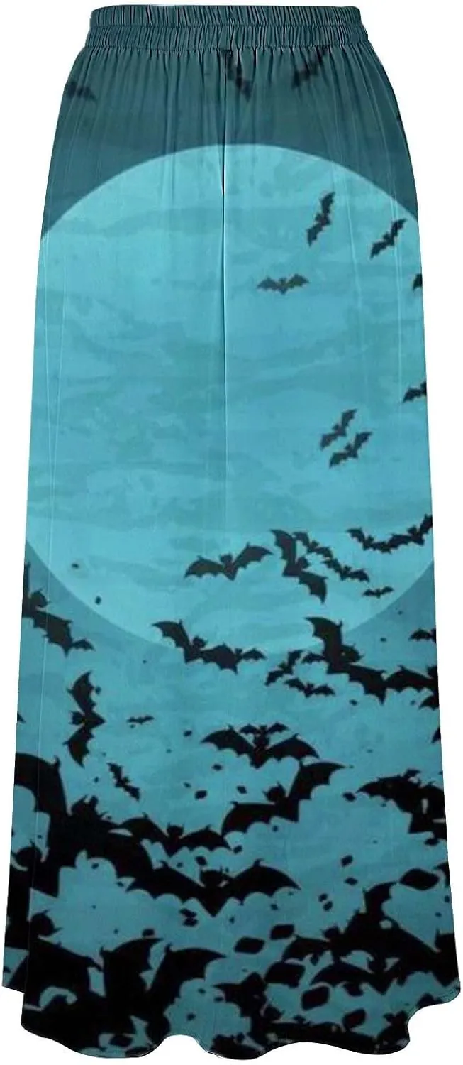 Halloween Tutu Skirt High Waist Party Beach Pocket Long Maxi Skirt Halloween bat Pattern Womens Summer Skirts Tulle