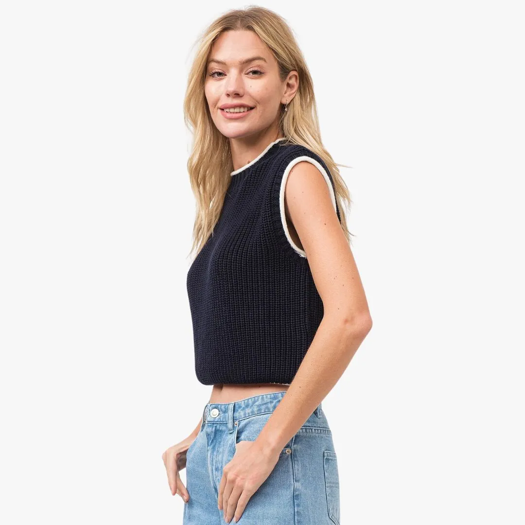 Knitted Contrast Detail Top (Navy)