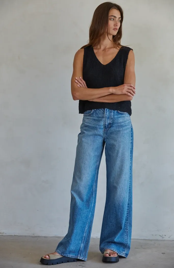 Knitted V-Neck Vest Top - Black