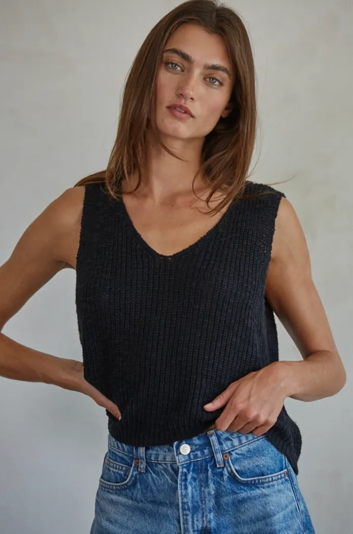 Knitted V-Neck Vest Top - Black