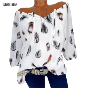 NIBESSER V-Neck Feather Blouses For Women