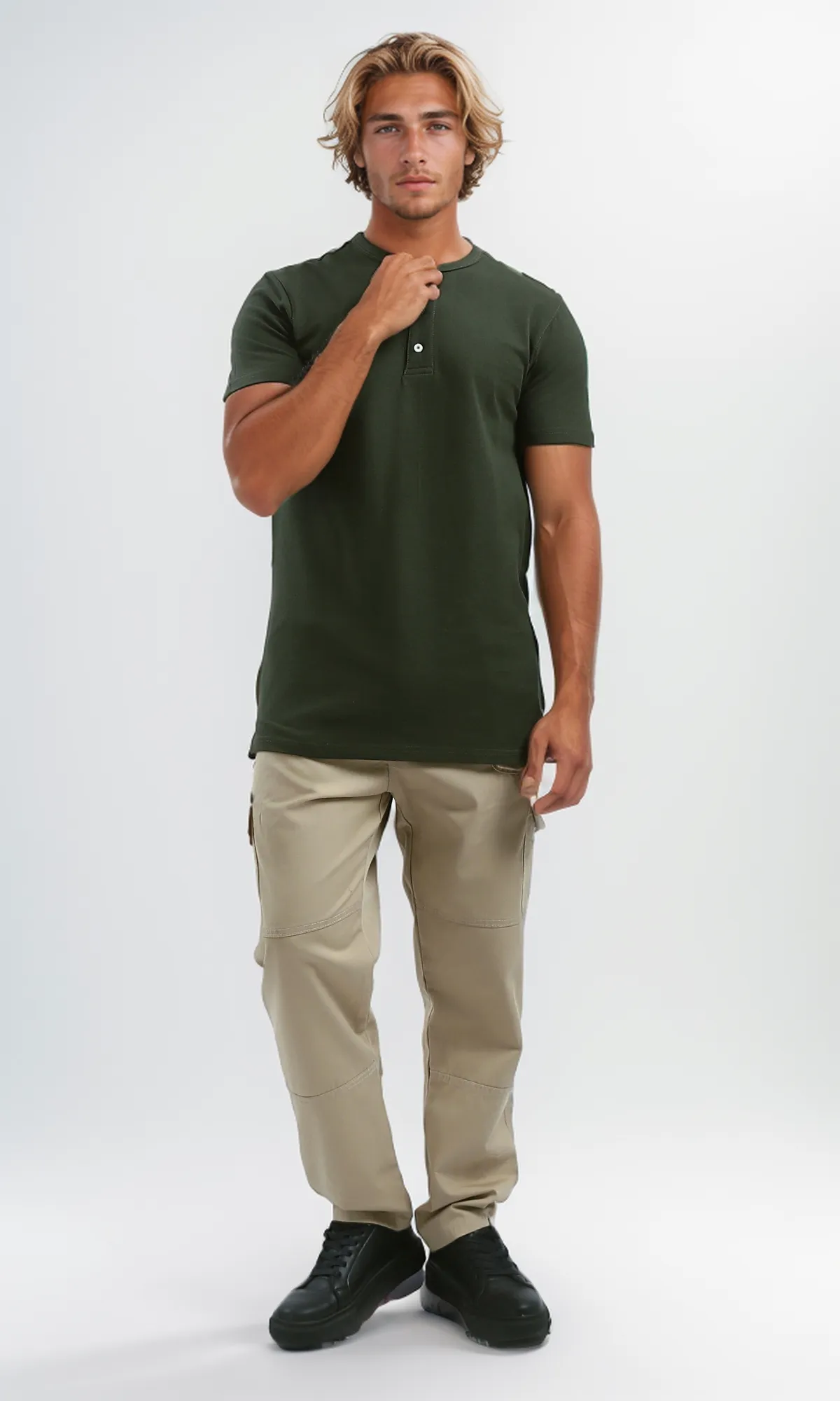 O192768 Cotton Olive Buttoned Summer Henley Shirt