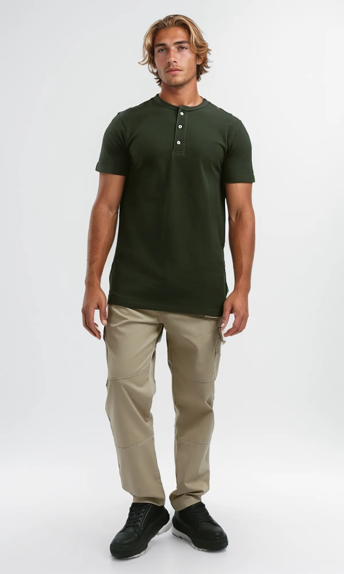 O192768 Cotton Olive Buttoned Summer Henley Shirt