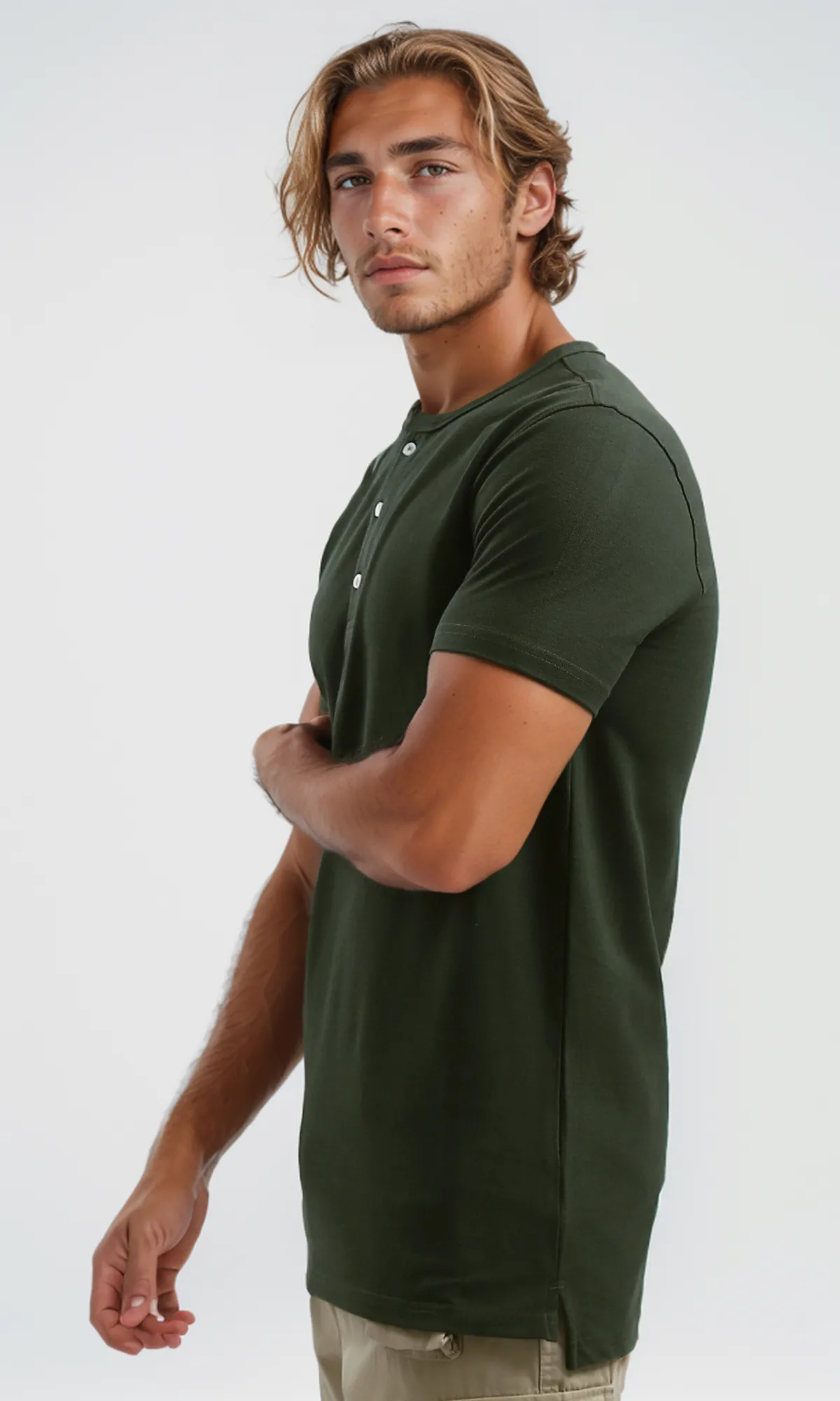 O192768 Cotton Olive Buttoned Summer Henley Shirt