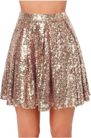 Sequin Mini Skirt for Women A-line Basic Skirt Stretchy Flared Casual Pleated Sparkly Skater Skirts Short Rave Skirt