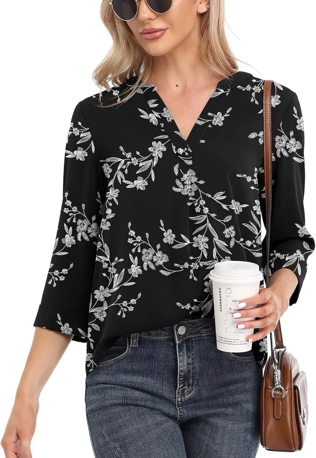 VIISHOW Womens Tops Casual Chiffon Blouses Tops 3/4 Sleeve V Neck Tunic Top Loose Shirt