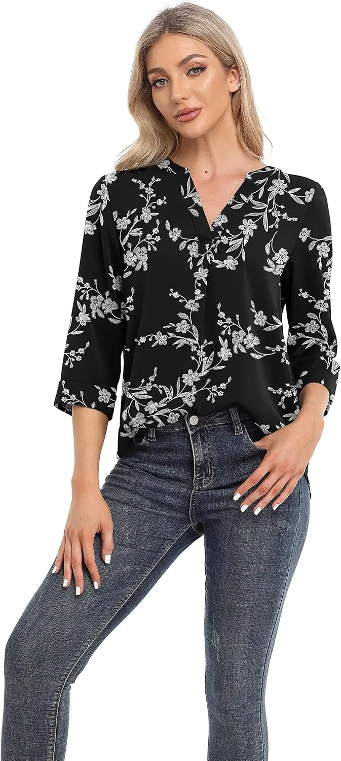 VIISHOW Womens Tops Casual Chiffon Blouses Tops 3/4 Sleeve V Neck Tunic Top Loose Shirt