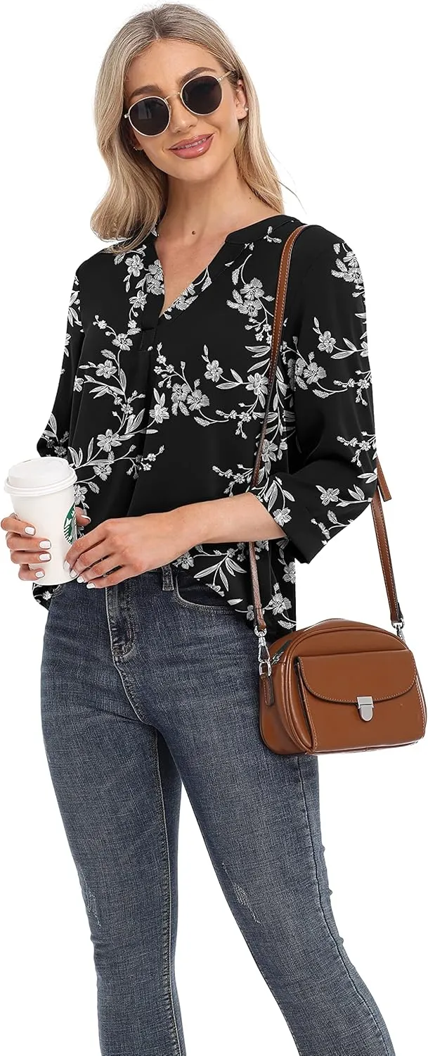 VIISHOW Womens Tops Casual Chiffon Blouses Tops 3/4 Sleeve V Neck Tunic Top Loose Shirt
