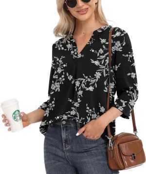 VIISHOW Womens Tops Casual Chiffon Blouses Tops 3/4 Sleeve V Neck Tunic Top Loose Shirt