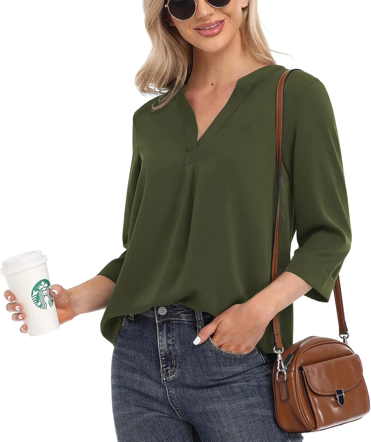 VIISHOW Womens Tops Casual Chiffon Blouses Tops 3/4 Sleeve V Neck Tunic Top Loose Shirt