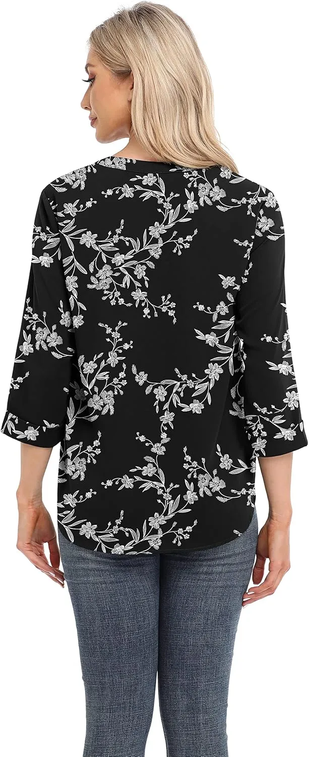 VIISHOW Womens Tops Casual Chiffon Blouses Tops 3/4 Sleeve V Neck Tunic Top Loose Shirt