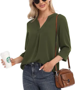 VIISHOW Womens Tops Casual Chiffon Blouses Tops 3/4 Sleeve V Neck Tunic Top Loose Shirt