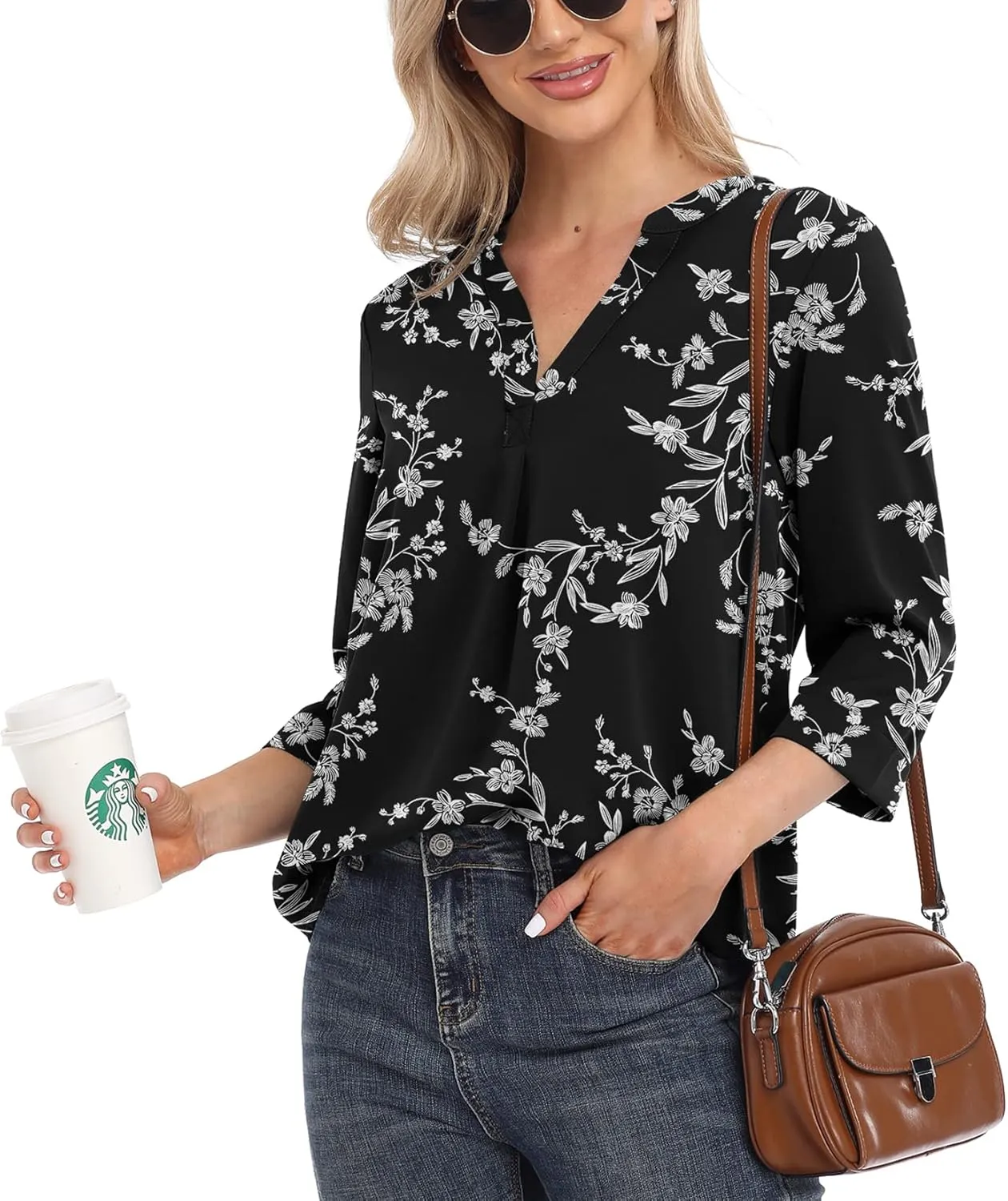 VIISHOW Womens Tops Casual Chiffon Blouses Tops 3/4 Sleeve V Neck Tunic Top Loose Shirt