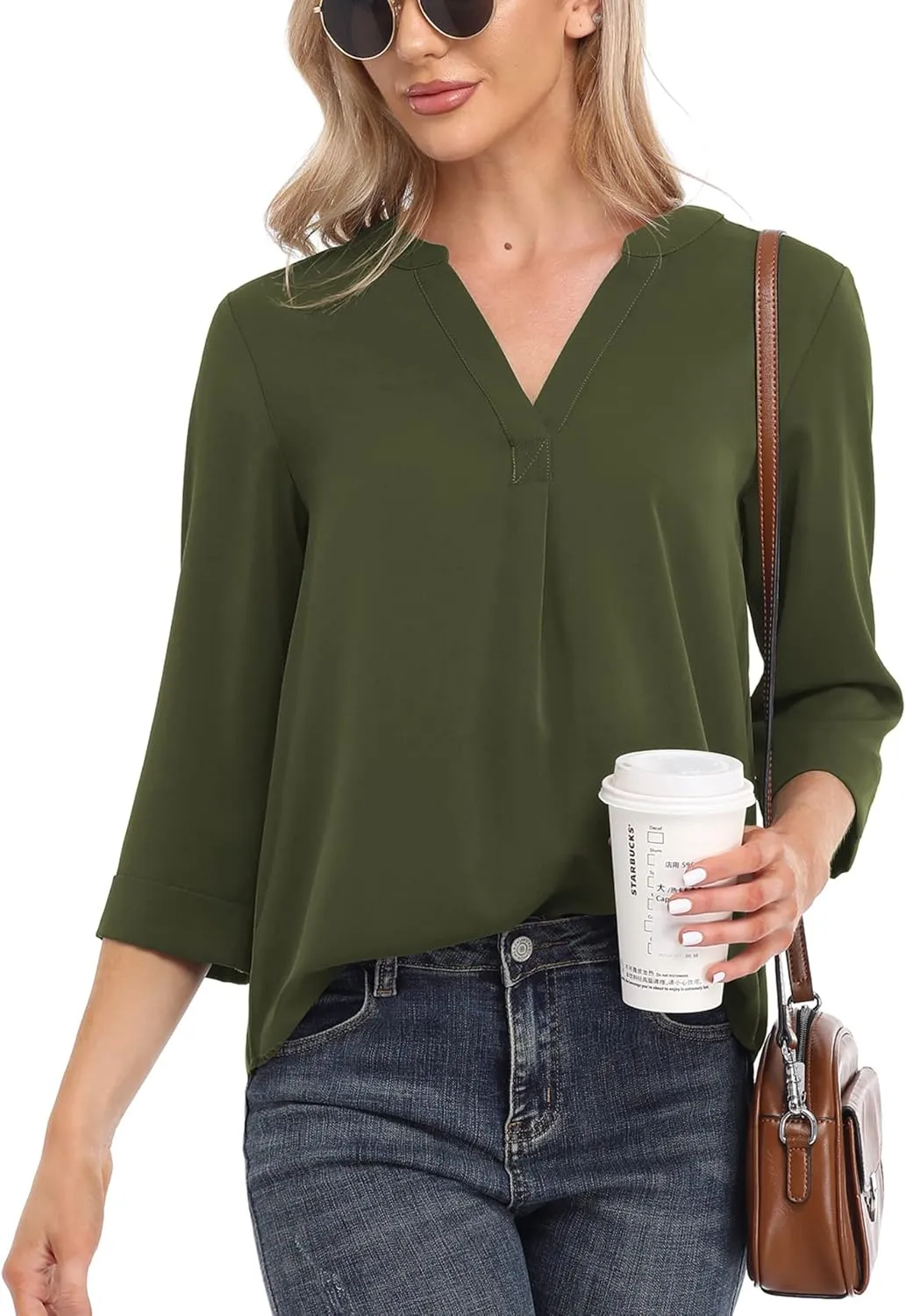 VIISHOW Womens Tops Casual Chiffon Blouses Tops 3/4 Sleeve V Neck Tunic Top Loose Shirt
