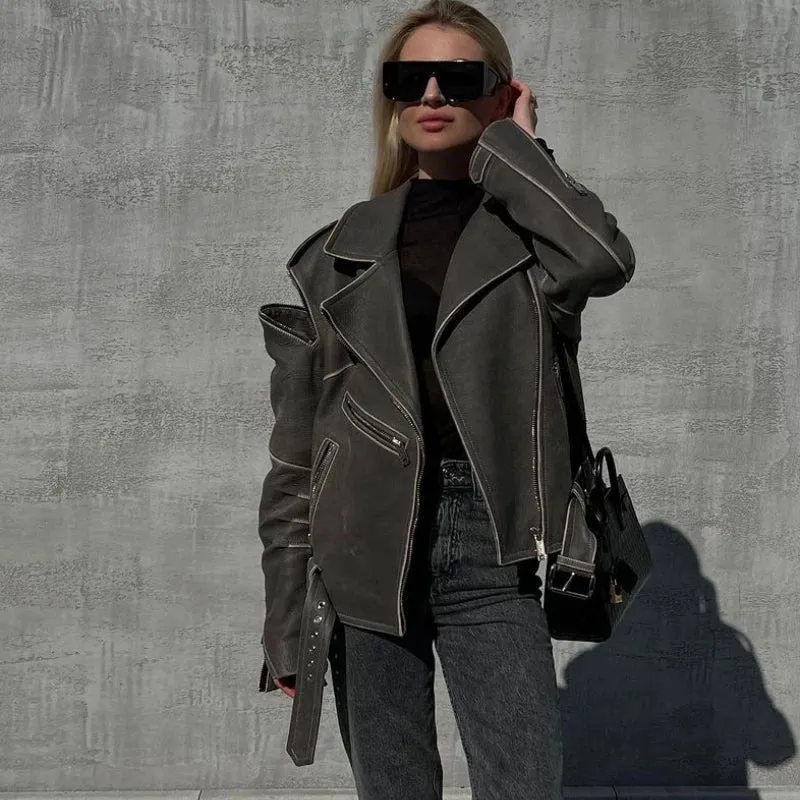 Vintage Fake Leather Jackets For Women Worn Effect Boyfriend Style Black Motorcycle Jacket ZIpper Sleeve Coats