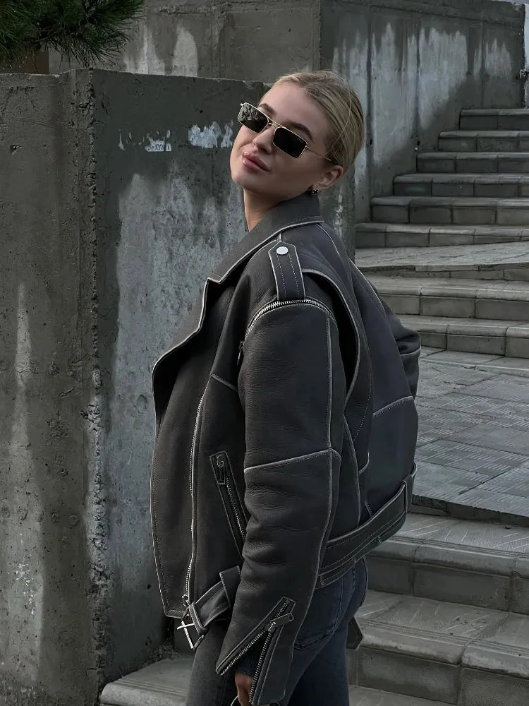 Vintage Fake Leather Jackets For Women Worn Effect Boyfriend Style Black Motorcycle Jacket ZIpper Sleeve Coats