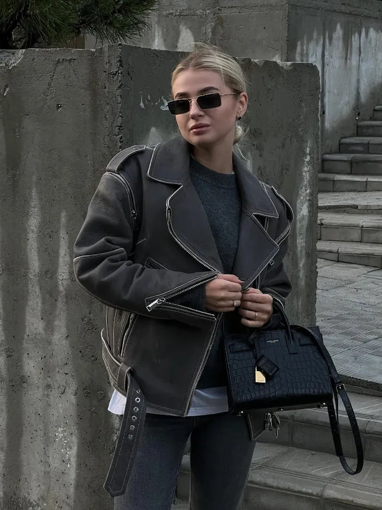 Vintage Fake Leather Jackets For Women Worn Effect Boyfriend Style Black Motorcycle Jacket ZIpper Sleeve Coats