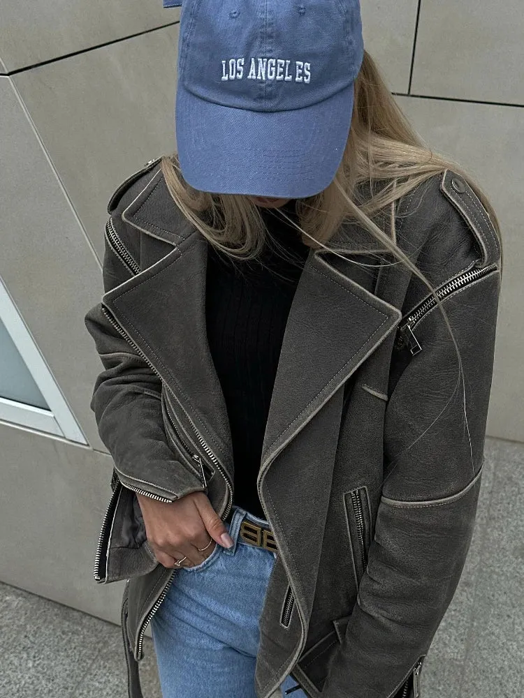 Vintage Fake Leather Jackets For Women Worn Effect Boyfriend Style Black Motorcycle Jacket ZIpper Sleeve Coats